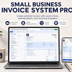May include: A laptop and smartphone displaying the Small Business Invoice System Pro software interface. The screen shows invoice setup fields, client details, and financial summaries. The text reads Small Business Invoice System Pro.