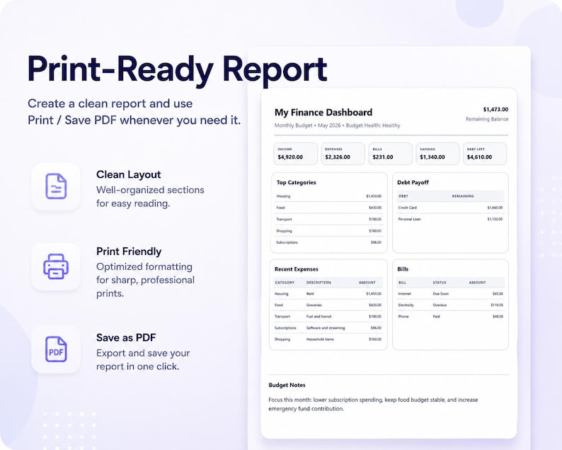 May include: A digital financial dashboard with the title "Print-Ready Report." The report includes sections for income, expenses, savings, and debt payoff. The layout is clean and print-friendly, with options to save as a PDF.