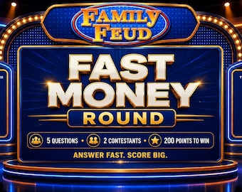 Plantilla de juego Family Feud, ronda de dinero rápido incluida, juego de fiesta editable, pantallas para anfitrión y jugadores, noche de juegos digital, descarga instantánea