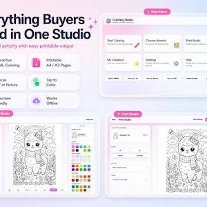 May include: Digital coloring studio interface with a white background. The interface includes options for interactive HTML coloring, printable A4/A3 pages, and saving as PDF or picture. The interface also features a coloring page of a llama.