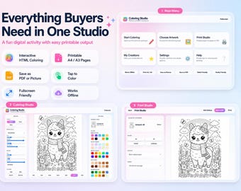 Estudio de coloreado digital para niños, juego interactivo de colorear en HTML, páginas para colorear imprimibles, descarga instantánea en formatos A4/A3/PDF/JPG.