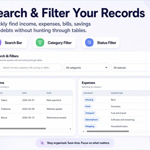 May include: A digital interface with the text "Search & Filter Your Records." It features search bars, category filters, and status filters. Income and expense tables are displayed, with categories like housing, food, and transport. The interface is designed for financial record management.