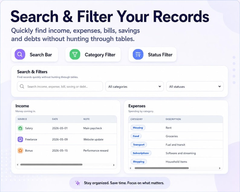 May include: A digital interface with the text "Search & Filter Your Records." It features search bars, category filters, and status filters. Income and expense tables are displayed, with categories like housing, food, and transport. The interface is designed for financial record management.