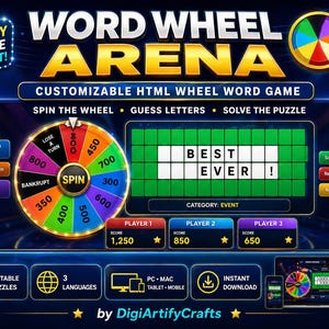 May include: A digital word wheel game interface with a colorful spinning wheel, a puzzle board displaying "BEST EVER!", and player scoreboards. The game is designed for PC, Mac, and mobile devices, and is available for instant download.