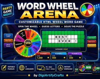 Word Wheel Arena - Customizable HTML Wheel Word Game | PC, Mac, Tablet & Mobile | 3-Language Party Game | Instant Download