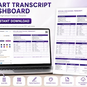 Plantilla de expediente académico de secundaria / Registro académico editable para educación en el hogar / Panel de cálculo de promedio de calificaciones / PDF imprimible / Descarga instantánea
