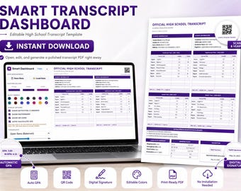 Plantilla de expediente académico de secundaria / Registro académico editable para educación en el hogar / Panel de cálculo de promedio de calificaciones / PDF imprimible / Descarga instantánea