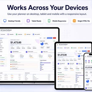 May include: A digital finance dashboard displayed on a laptop, tablet, and smartphone. The screens show a responsive layout with the text "Works Across Your Devices" and icons for desktop, tablet, and mobile compatibility.