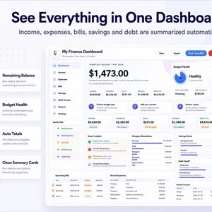 May include: A digital dashboard interface with the text "See Everything in One Dashboard." The interface displays financial data, including income, expenses, and savings, with a clean, organized layout. The dashboard includes charts and summaries.