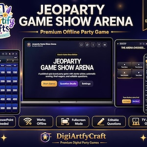 Peut inclure: Présentation d'un jeu de société numérique "JEOPARTY GAME SHOW ARENA" sur ordinateur portable, tablette et smartphone. Le jeu propose une interface de quiz, avec des options de jeu hors ligne, en plein écran et des questions modifiables. L'image inclut le logo "DigiArtify Crafts".
