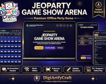 Juego de mesa Jeoparty Game Show Arena / Juego de fiesta HTML sin conexión / No requiere PowerPoint / Juego con zoom para proyector de TV / Preguntas editables / Compatible con teléfono, Mac y PC