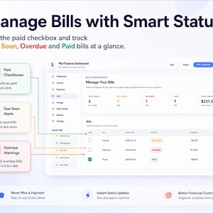 May include: A digital interface for managing bills, featuring a dashboard with options for tracking due, overdue, and paid bills. The interface includes features like paid checkboxes, due soon alerts, and overdue warnings. The total amount due is displayed.