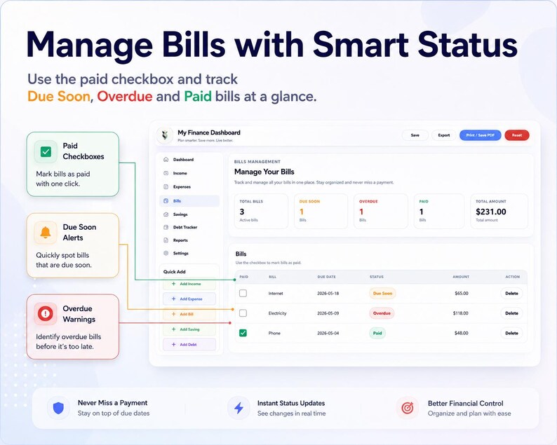 May include: A digital interface for managing bills, featuring a dashboard with options for tracking due, overdue, and paid bills. The interface includes features like paid checkboxes, due soon alerts, and overdue warnings. The total amount due is displayed.