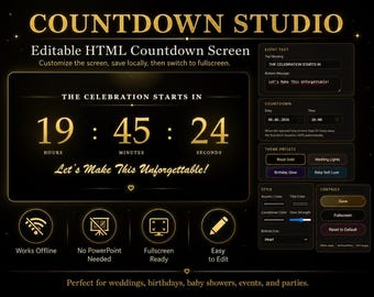 Pantalla de cuenta regresiva editable para eventos, visualización de cuenta regresiva en HTML, temporizador para bodas y fiestas de cumpleaños, no requiere PowerPoint, descarga instantánea.