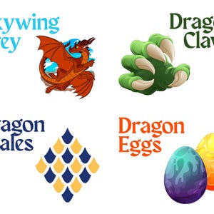 Puede incluir: Cuatro ilustraciones coloridas de dise&ntilde;os con tem&aacute;tica de dragones. La imagen superior izquierda muestra un drag&oacute;n rojo con nubes azules y blancas. La imagen superior derecha muestra una garra de drag&oacute;n verde. La imagen inferior izquierda muestra un patr&oacute;n de escamas de drag&oacute;n azul y amarillo. La imagen inferior derecha muestra dos huevos de drag&oacute;n, uno morado y otro naranja.