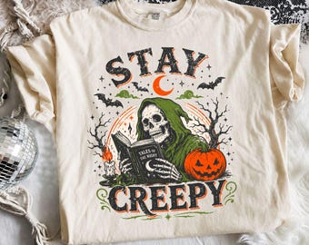 Stay Creepy Halloween Shirt, Spooky Skeleton Reading Book Tee, Gothic Pumpkin Graphic T-Shirt,