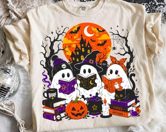 Ghost Reading Book Shirt | Spooky Witchy Halloween Tee with Pumpkin & Cat