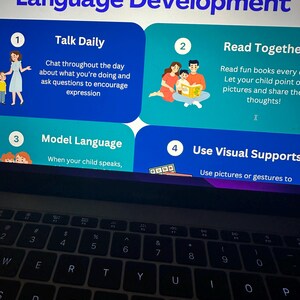 May include: A colorful infographic with seven tips for supporting language development in children. The tips are: Talk Daily, Read Together, Model Language, Use Visual Supports, Sing Songs, Play Games, and Tell Stories.