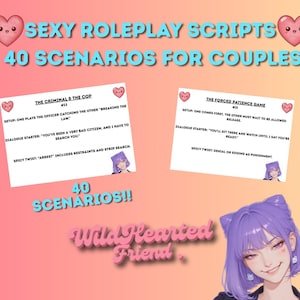 May include: A pink and yellow graphic with the text "SEXY ROLEPLAY SCRIPTS 40 SCENARIOS FOR COUPLES". Two cards are displayed with scenario details. A cartoon woman with purple hair is in the bottom right corner.