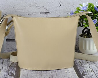 May include: A beige shoulder bag with a rectangular shape and long straps. The bag has a zipper closure and silver-colored hardware. The background includes a small potted plant with purple flowers.