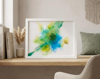 Original Alcohol Ink Painting, Green Blue Abstract Wall Art, Fluid Nature Art, Calming Home Decor — 8x10in/21.5x25cm · Movimiento Collection