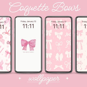 Coquette Pink Bow Phone Wallpaper: Self-Care Quotes Digital Download Girly Lock Screen Background