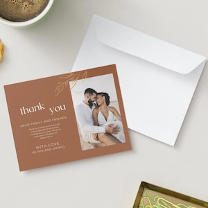 Sjabloon bruiloft bedankt postkaart, boho-stijl bedankt, bewerkbare canva ansichtkaart, minimale bruiloft bedankt, moderne stijl, boho-esthetiek