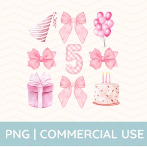 5th Birthday Png, Bow fifth Birthday Shirt, Coquette Birthday Png, Balloons Png, Watercolor Png, Pink Bow Birthday, Pink Bow Png, Decor