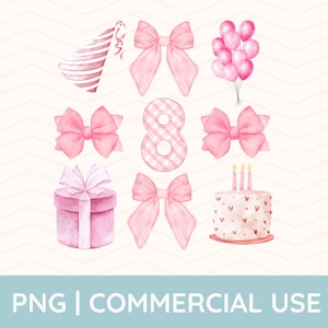 Op de afbeelding: Roze aquarel clipart set voor een verjaardagsfeestje. Bevat een feestmuts, strikken, een nummer acht, een taart en ballonnen.