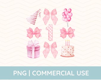 1st Birthday Png, Bow first Birthday Shirt, Coquette Birthday Png, Balloons Png, Watercolor Png, Pink Bow Birthday, Pink Bow Png, Decor
