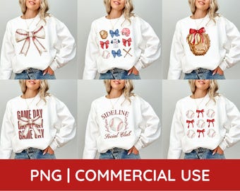 May include: Six different designs of white sweatshirts with baseball-themed graphics. The graphics include baseballs, bats, gloves, bows, and text that says "Game Day" and "Sideline Social Club".