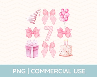 7th Birthday Png, Bow Seventh Birthday Shirt, Coquette Birthday Png, Balloons Png, Watercolor Png, Pink Bow Birthday, Pink Bow Png, Decor