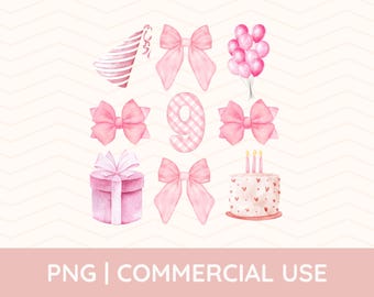 Schleife zum 9. Geburtstag Png, Schleife Geburtstag Png, Kokette Geburtstag, Mädchen Geburtstag Png, Rosa Schleife Dekor, Rosa Schleife Party Outfit, Geburtstagskind Png