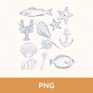 Könnte beinhalten: Blaue Strichzeichnungen von Meereslebewesen und nautischen Elementen. Das Bild enthält einen Fisch, Seesterne, einen Hummer, eine Auster, eine Muschel, eine Welle, einen Anker, eine Palme und eine Flunder.