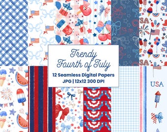 4th of July Seamless Pattern Bundle, Trendy Digital Paper, Seamless Repeat Pattern, Backgrounds, Patriotic, Grandmillennial, American Flag