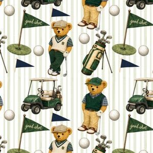 May include: A repeating pattern on a light cream background with vertical stripes featuring teddy bears dressed in golf attire, green golf bags with clubs, golf carts, white golf balls, and green flags with the text good shot printed on them.