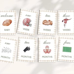Voetbal babymijlpaalkaarten, digitale download, afdrukbare babymijlpalen, voetbaldecor, jongensmijlpaal, fotorekwisiet, maandelijkse foto's, cadeau