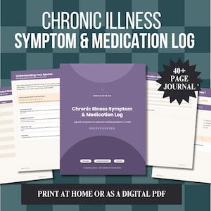 May include: A 40+ page chronic illness symptom and medication log journal. The purple cover features the text 'Chronic Illness Symptom & Medication Log' and a spoon icon row. Includes interior pages for tracking symptoms, medications, and spoon theory.