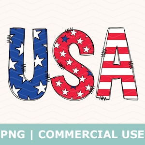 Op de afbeelding: USA gespeld in grote, vetgedrukte letters. Elke letter is gevuld met een ander patroon van de Amerikaanse vlag. De "U" is blauw met witte sterren, de "S" is rood met witte sterren en de "A" is rood-wit gestreept.