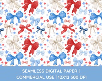 Patriotic Bows Seamless Pattern, Patriotic Ribbons Digital Pattern, Coquette Pattern, Red White and Blue, 4th of July Pattern, Preppy Design