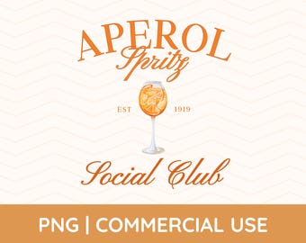 May include: Orange and white logo for Aperol Spritz Social Club with the text "EST 1919" and a watercolour illustration of a glass of Aperol Spritz.