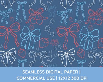 Bow Seamless Pattern, Coquette 4th of July, July 4th Seamless Pattern, Bow Outline, Independence Day Digital Paper, Preppy, Trendy Design