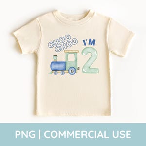 May include: Cream-colored toddler t-shirt with a watercolor train design and the text "Choo Choo I'm 2". The train is blue and green, and the number 2 is a light green color. A fun birthday shirt.