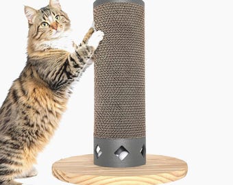 Refillable Cardboard Cat Scratcher Post | Wood Base, Interactive Ball, 19" Tall