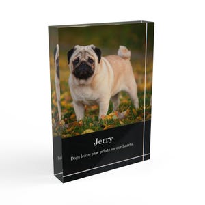 May include: A rectangular acrylic block featuring a photograph of a fawn-coloured pug standing in grass with autumn leaves. Below the image, a black section displays the white text Jerry and the phrase Dogs leave paw prints on our hearts.