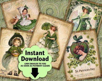 Wearing Of The Green / Irish Lasses / Ireland St. Patrick's Day  - Printable ATC, ACEO, Hang Tags, Instant Download and Print Digital Sheet