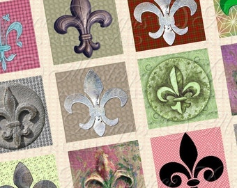 Fleur De Lis Printable Squares / French Heraldry / Symbol / Decorative / Flower / Lily - DOWNLOAD 1x1 Inch Squares JPG Collage Sheet
