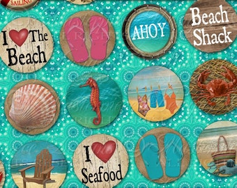 Retro Beach Printable Round Designs / Ocean / Seashore / Summer - Printable DOWNLOAD One Inch Round Designs / Bottlecap / JPG Collage Sheet