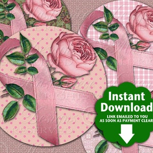 Ribbons and Roses / Breast Cancer Awareness / Pink Ribbons Printable INSTANT DOWNLOAD 4 Inch Round Designs Digital JPG Collage Sheet image 1