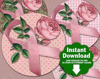 Ribbons and Roses / Breast Cancer Awareness / Pink Ribbons - Printable INSTANT DOWNLOAD 4 Inch Round Designs Digital JPG Collage Sheet